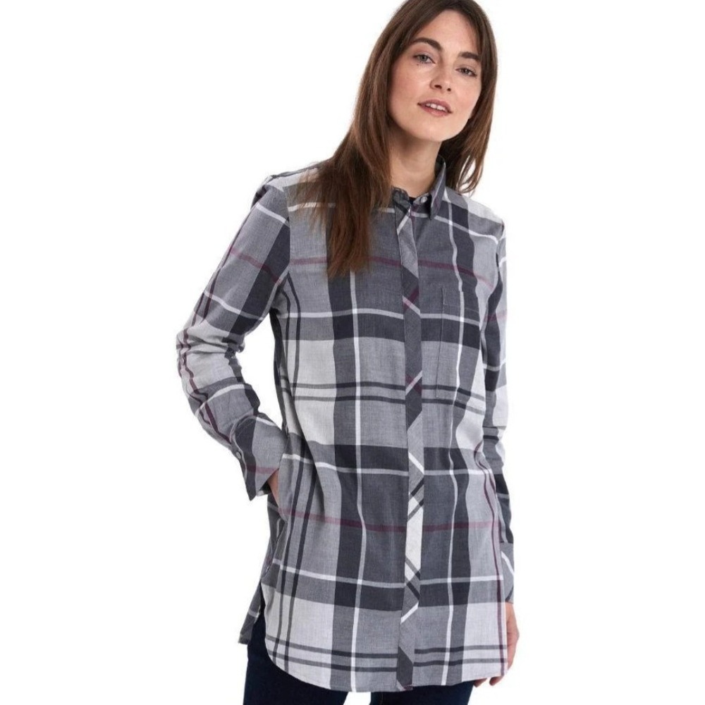 Barbour Glenn Shirt Winter Tartan Grey Plaid Cotton Tunic Pocket Womens 8